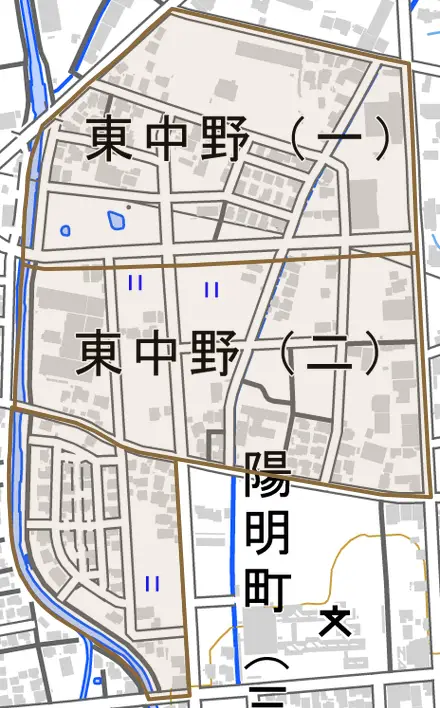東中野とその周辺の地図。町の範囲を重ねている