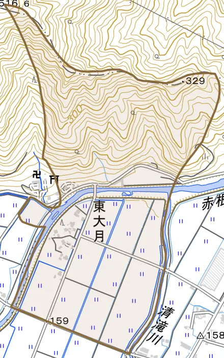東大月とその周辺の地図。町の範囲を重ねている