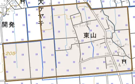東山とその周辺の地図。町の範囲を重ねている