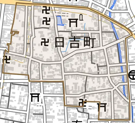 日吉町とその周辺の地図。町の範囲を重ねている