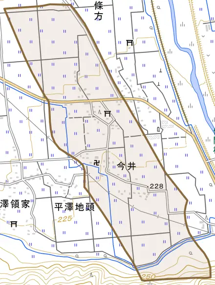 今井とその周辺の地図。町の範囲を重ねている