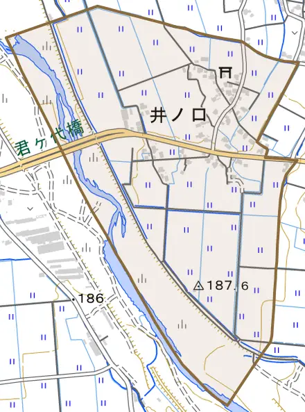 井ノ口とその周辺の地図。町の範囲を重ねている