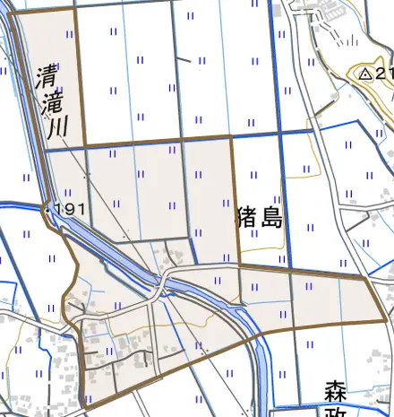 猪島とその周辺の地図。町の範囲を重ねている