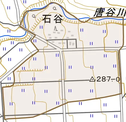 石谷とその周辺の地図。町の範囲を重ねている