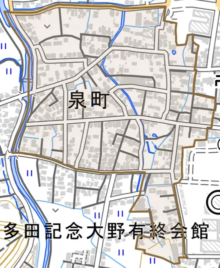 泉町とその周辺の地図。町の範囲を重ねている