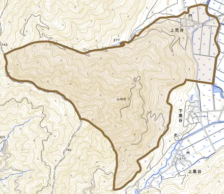 上荒井とその周辺の地図。町の範囲を重ねている