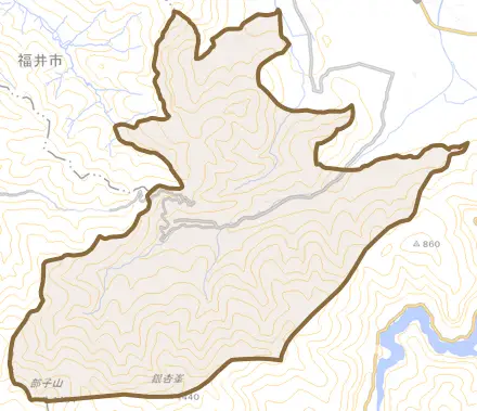 上黒谷とその周辺の地図。町の範囲を重ねている
