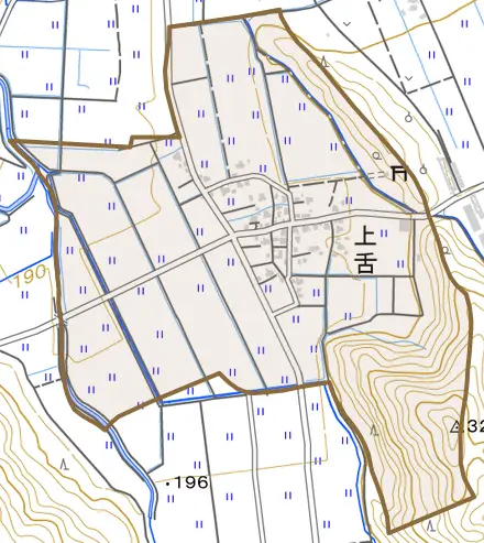 上舌とその周辺の地図。町の範囲を重ねている