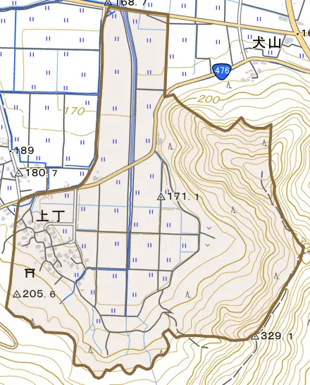 上丁とその周辺の地図。町の範囲を重ねている