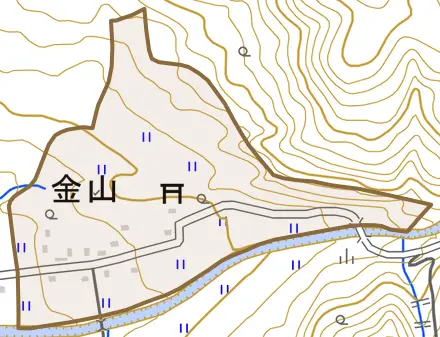 金山とその周辺の地図。町の範囲を重ねている