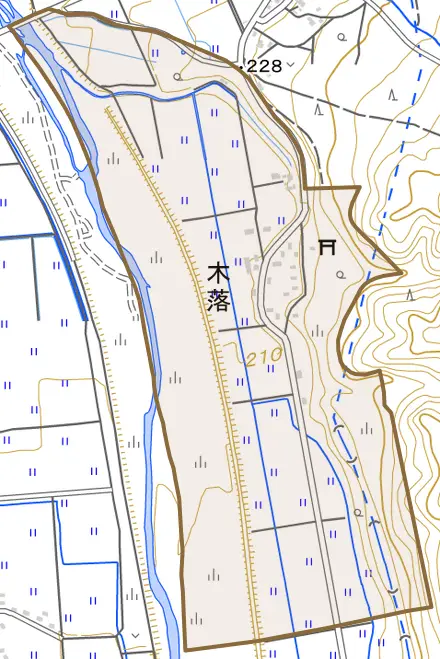 木落とその周辺の地図。町の範囲を重ねている