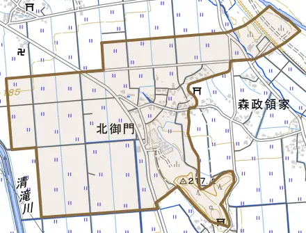 北御門とその周辺の地図。町の範囲を重ねている