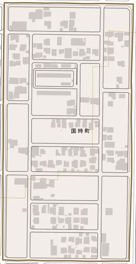 国時町とその周辺の地図。町の範囲を重ねている