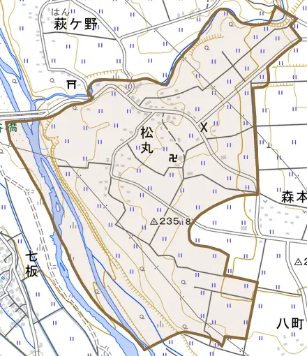 松丸とその周辺の地図。町の範囲を重ねている