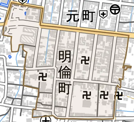 明倫町とその周辺の地図。町の範囲を重ねている