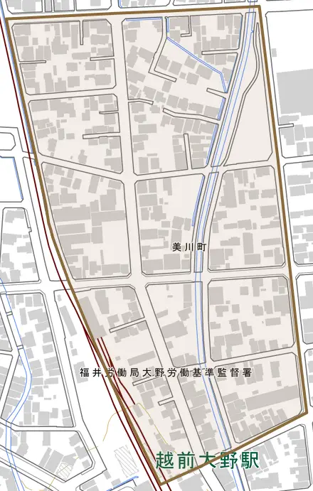 美川町とその周辺の地図。町の範囲を重ねている