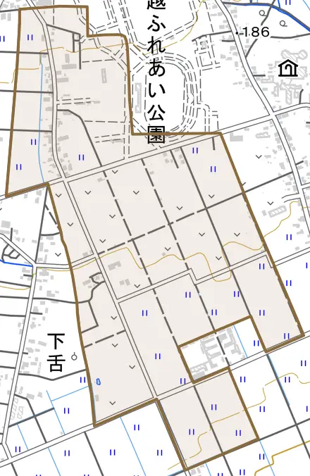 南春日野とその周辺の地図。町の範囲を重ねている