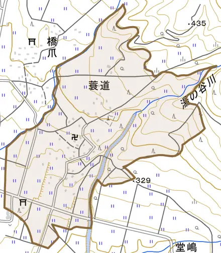 蓑道とその周辺の地図。町の範囲を重ねている