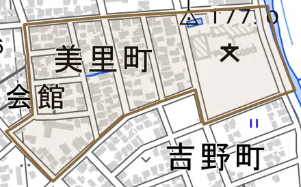 美里町とその周辺の地図。町の範囲を重ねている