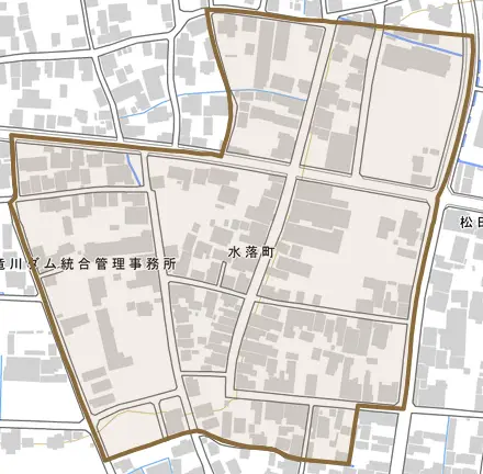 水落町とその周辺の地図。町の範囲を重ねている