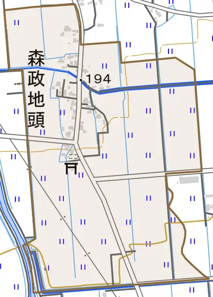森政地頭とその周辺の地図。町の範囲を重ねている