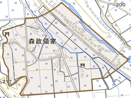 森政領家とその周辺の地図。町の範囲を重ねている
