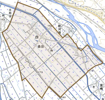 森目とその周辺の地図。町の範囲を重ねている