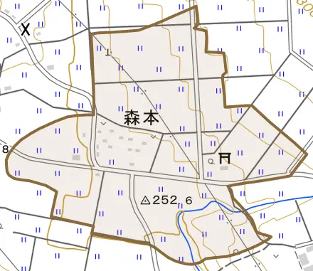 森本とその周辺の地図。町の範囲を重ねている