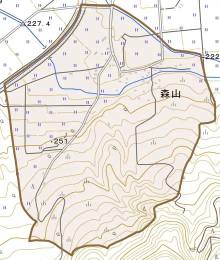 森山とその周辺の地図。町の範囲を重ねている