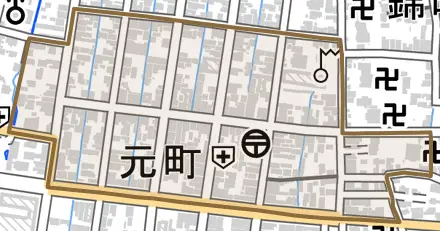 元町とその周辺の地図。町の範囲を重ねている