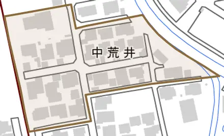 中荒井とその周辺の地図。町の範囲を重ねている