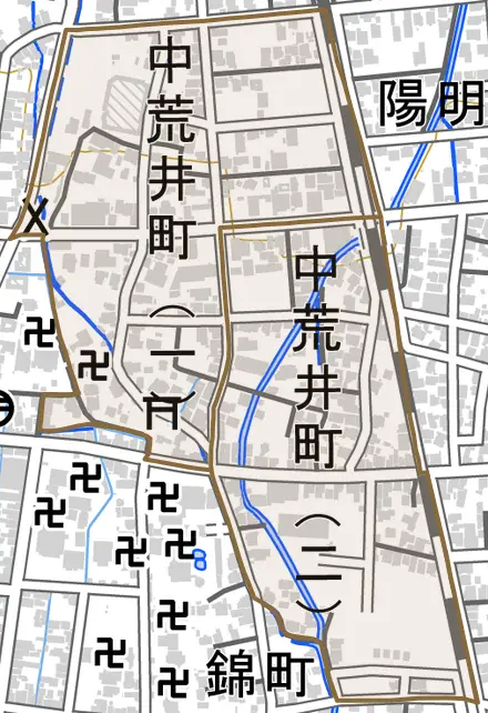 中荒井町とその周辺の地図。町の範囲を重ねている