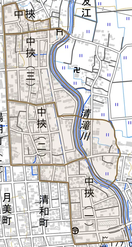 中挾とその周辺の地図。町の範囲を重ねている