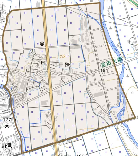 中保とその周辺の地図。町の範囲を重ねている