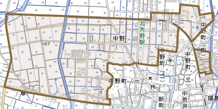 中野とその周辺の地図。町の範囲を重ねている
