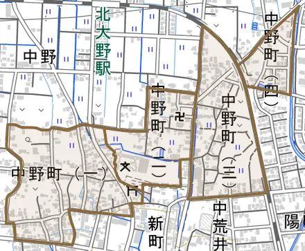 中野町とその周辺の地図。町の範囲を重ねている
