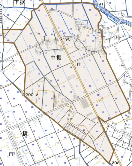 中据とその周辺の地図。町の範囲を重ねている
