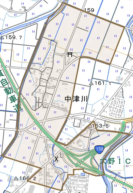 中津川とその周辺の地図。町の範囲を重ねている
