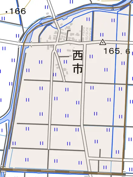 西市とその周辺の地図。町の範囲を重ねている