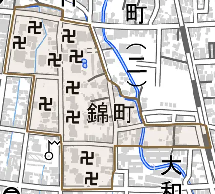 錦町とその周辺の地図。町の範囲を重ねている