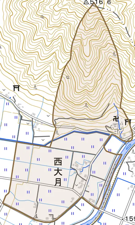 西大月とその周辺の地図。町の範囲を重ねている