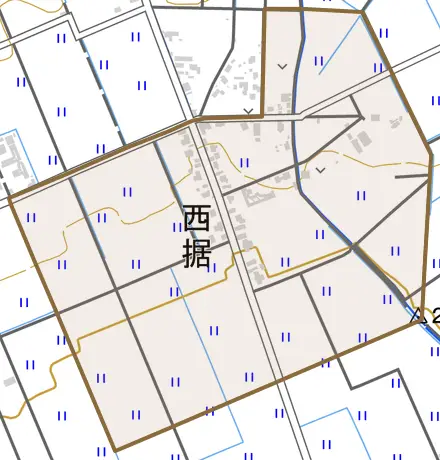 西据とその周辺の地図。町の範囲を重ねている