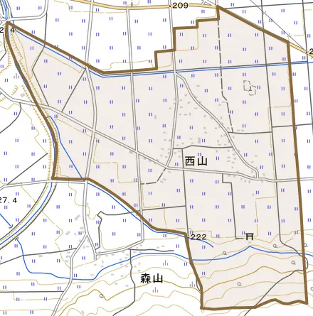 西山とその周辺の地図。町の範囲を重ねている