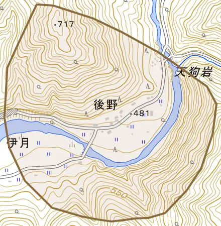 後野とその周辺の地図。町の範囲を重ねている