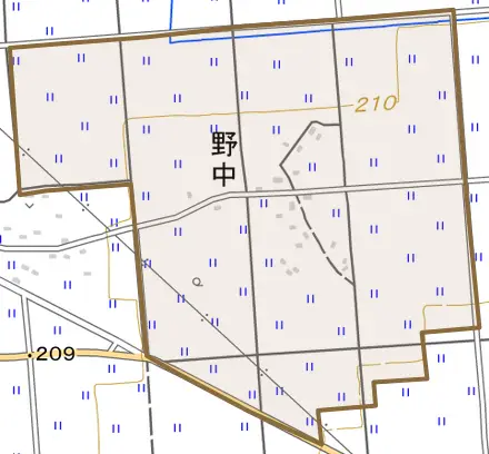 野中とその周辺の地図。町の範囲を重ねている
