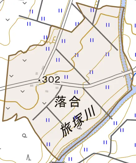 落合とその周辺の地図。町の範囲を重ねている