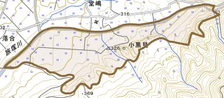 小黒見とその周辺の地図。町の範囲を重ねている