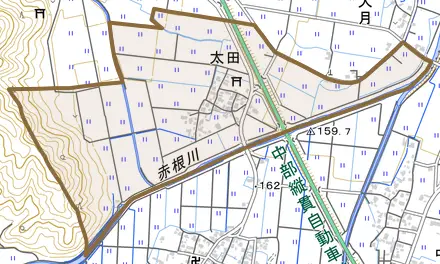 太田とその周辺の地図。町の範囲を重ねている