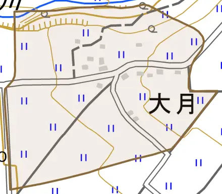 大月とその周辺の地図。町の範囲を重ねている