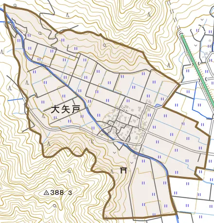 大矢戸とその周辺の地図。町の範囲を重ねている